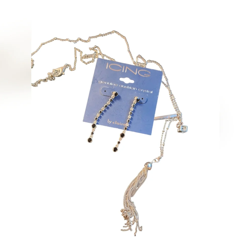 ICING Long Silver Toned Austrian Crystal Earrings & Station Necklace BLING ICE